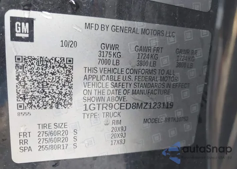 2021 GMC Sierra 1500 4Wd Standard Box Elevation from USA, damaged, VIN 1GTR9CED8MZ123119